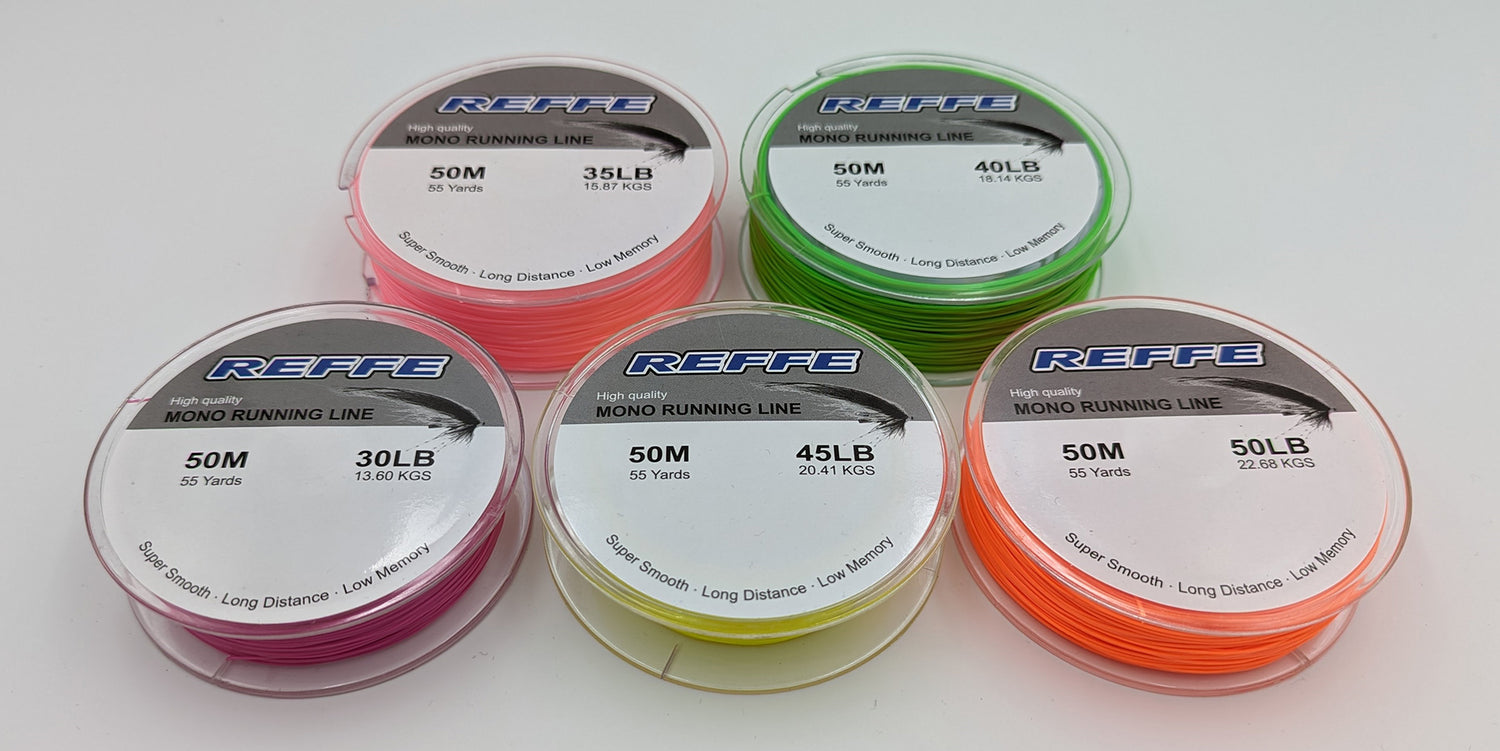 Five spools of 50m fishing line in different colors