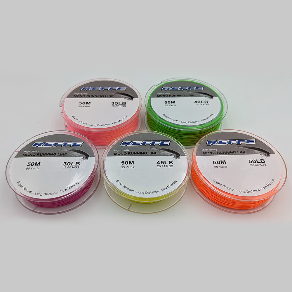 Five spools of 50m mono fishing line with different colors and labels on a white background